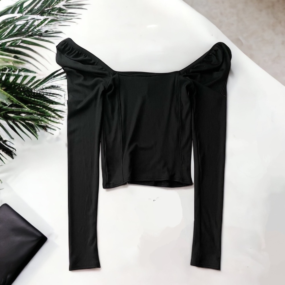 Free People It Girl square neck puff sleeve ribbed long sleeve top in black S